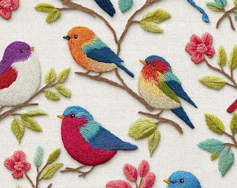 3D Printed  Embroidery Effect Bird Upholstery Fabric, Colorful Tropical Print
