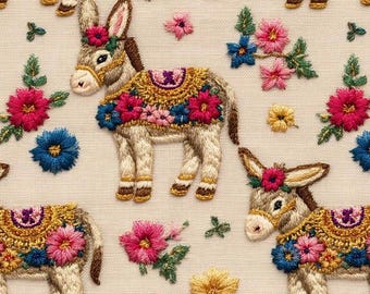 Printed Floral Donkey Upholstery Fabric, Embroidered Look Print, Boho Farmhouse