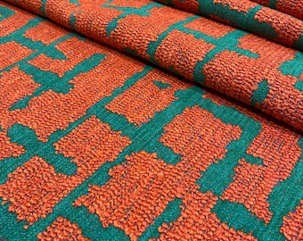 Orange Teal Geometric Boucle Upholstery Fabric for Sofa Chair Cushion Bench by Yard, Bohemian