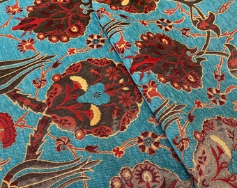 Turkish Floral Upholstery Fabric by the Yard – Turquoise Ottoman Chenille fabric, Boho home Decor