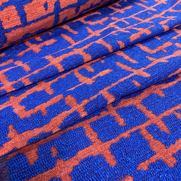 Tissu bouclé bleu terracotta, tissu d'ameublement géométrique, textile moderne texturé pour canapé par mètre