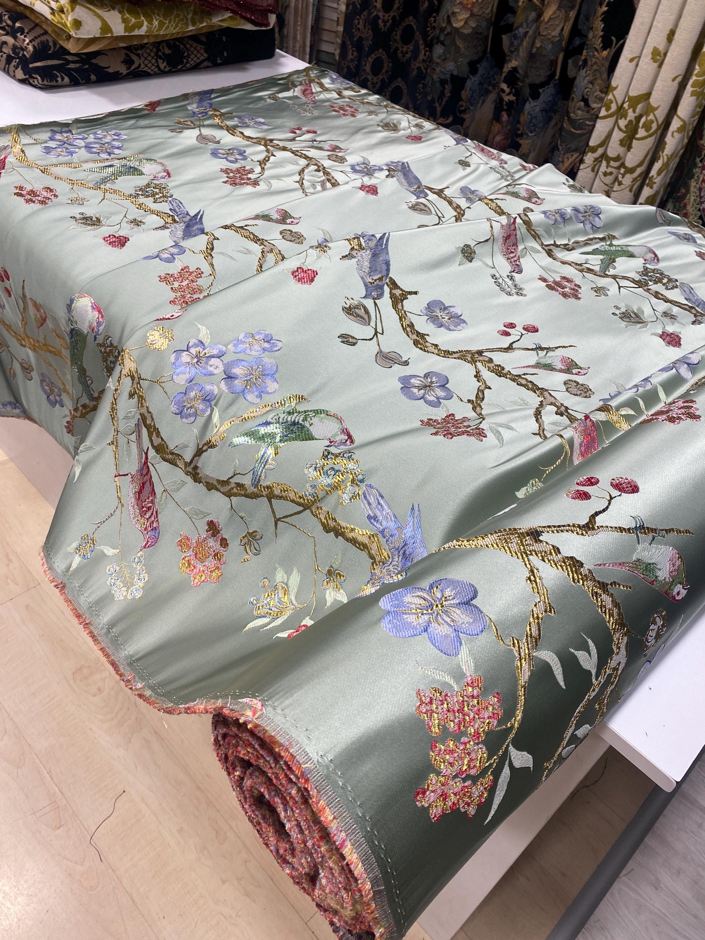 Jaccquard Bird Satin Fabric, Floral Chinoiserie Upholstery, Sage Green