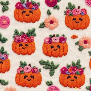 Pumpkin Fabric, Floral Pumpkin Upholstery Fabric, Halloween Decor, Orange and White Pumpkin Print Fabric, Fall Theme Fabric by the Yard