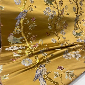 Gold Chinoiserie Jacquard Upholstery Fabric by the Yard, Heavyweight Satin Oriental Bird Curtain Material image 7