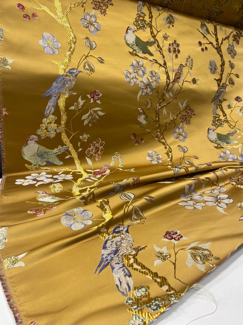 Gold Chinoiserie Jacquard Upholstery Fabric by the Yard, Heavyweight Satin Oriental Bird Curtain Material image 7