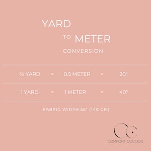 May include: A pink graphic with white text detailing yard to meter conversion. It shows that 1/2 yard equals 0.5 meters, or 20 inches, and 1 yard equals 1 meter, or 40 inches. The fabric width is 55 inches (140 cm).