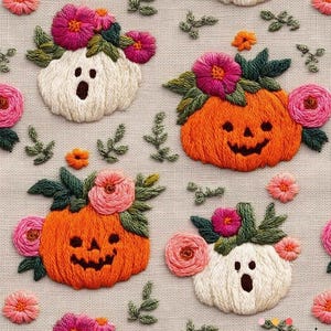 Pumpkin Fabric, Floral Pumpkin Upholstery Fabric, Halloween Decor, Orange and White Pumpkin Print Fabric, Fall Theme Fabric by the Yard