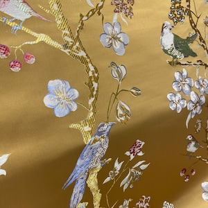 Gold Chinoiserie Jacquard Upholstery Fabric by the Yard, Heavyweight Satin Oriental Bird Curtain Material image 5