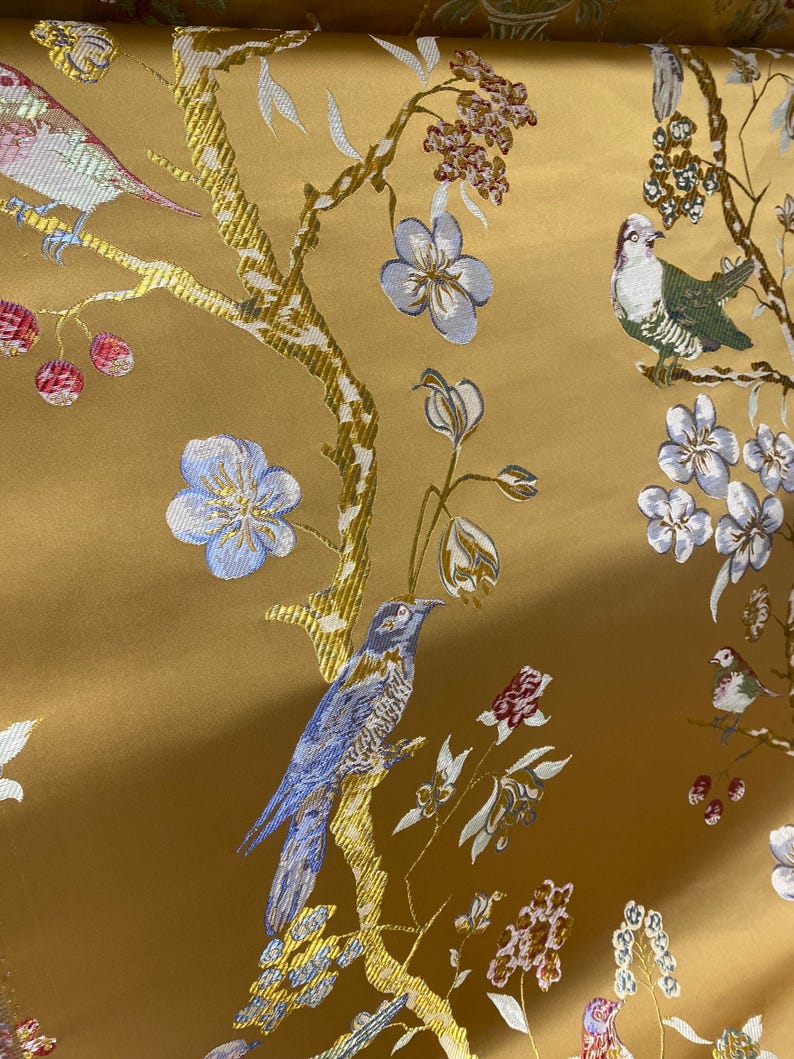 Gold Chinoiserie Jacquard Upholstery Fabric by the Yard, Heavyweight Satin Oriental Bird Curtain Material image 5