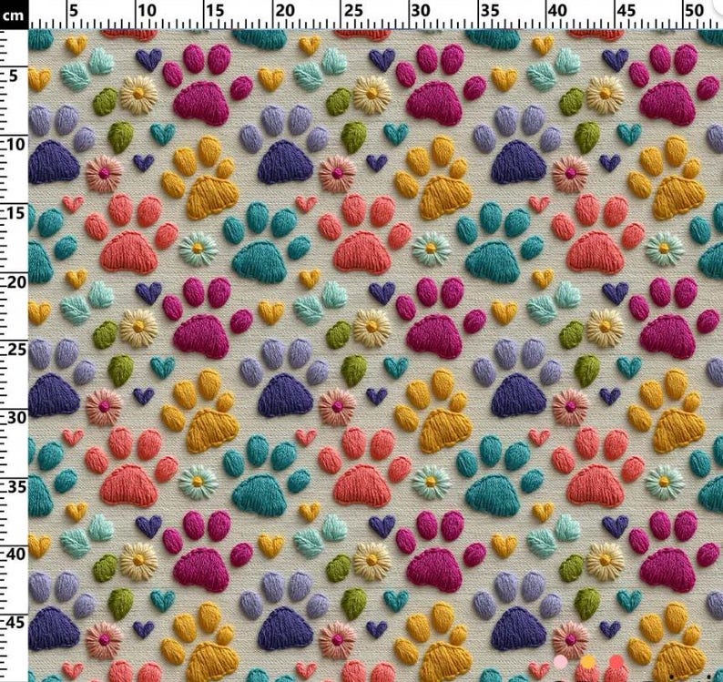 May include: A fabric with a repeating pattern of embroidered paw prints, hearts, and flowers in various colors. The paw prints are in shades of orange, pink, blue, and purple. The flowers are yellow and white, and the hearts are blue and yellow.