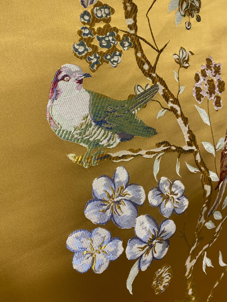 Gold Chinoiserie Jacquard Upholstery Fabric by the Yard, Heavyweight Satin Oriental Bird Curtain Material image 13