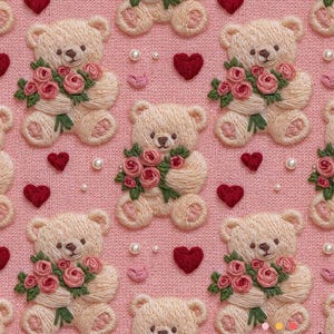 3D Embroidery Effect Teddy Bear Fabric, Cute Nursery Upholstery Fabric with Roses and Hearts, Pink Kawaii Craft Fabric By The Yard / Meter