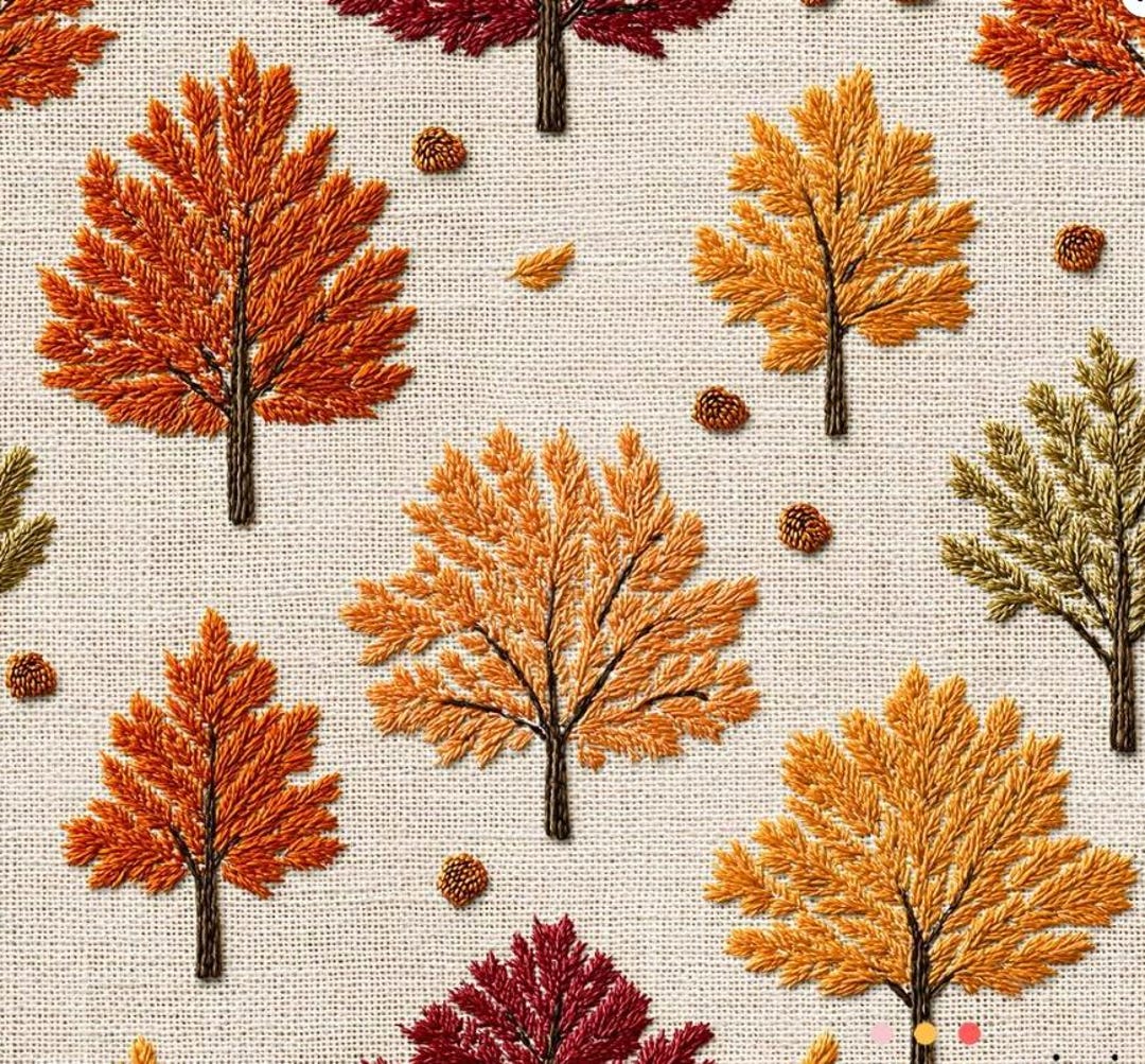3D Autumn Trees Fabric, Embroidered Look Polyester, Fall Decor - Etsy