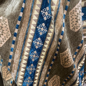 Ottoman Kilim Chenille Upholstery Fabric by the Yard | Blue Geometric Jacquard