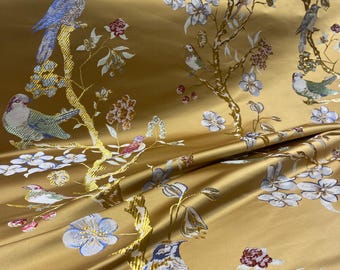 Gold Chinoiserie Jacquard Upholstery Fabric by the Yard, Heavyweight Satin Oriental Bird Curtain Material
