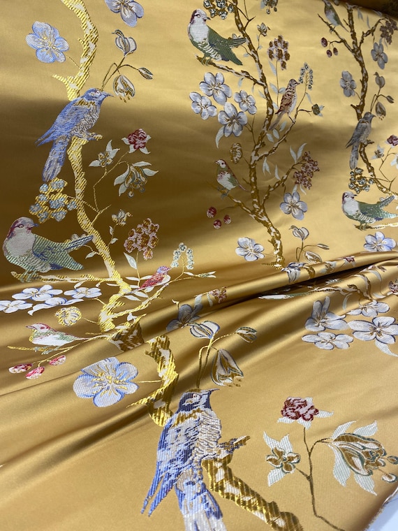 Gold Chinoiserie Jacquard Upholstery Fabric by the Yard, Heavyweight Satin Oriental Bird Curtain Material