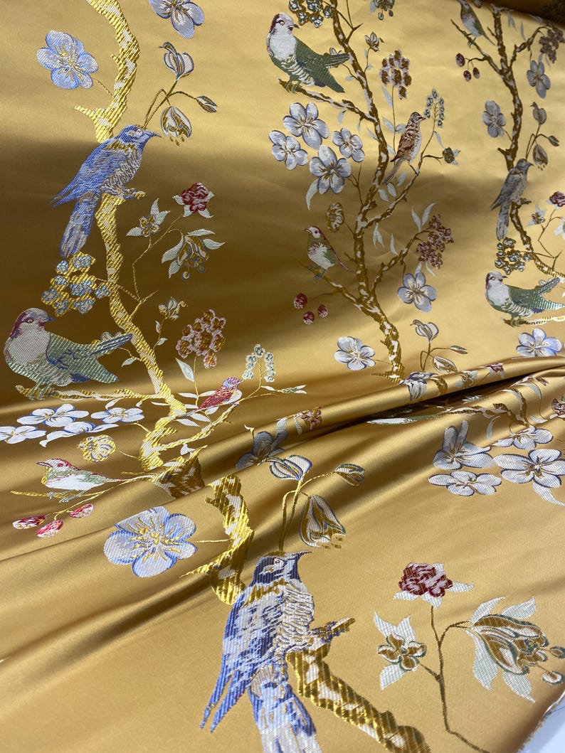 Gold Chinoiserie Jacquard Upholstery Fabric by the Yard, Heavyweight Satin Oriental Bird Curtain Material image 1