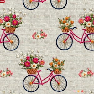May include: Embroidered fabric featuring a repeating pattern of pink bicycles with baskets overflowing with colorful flowers. The flowers include pink, white, and orange blooms. The bicycles have dark blue wheels and are set against a neutral background.