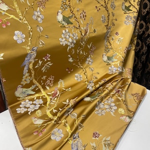 Gold Chinoiserie Jacquard Upholstery Fabric by the Yard, Heavyweight Satin Oriental Bird Curtain Material image 12