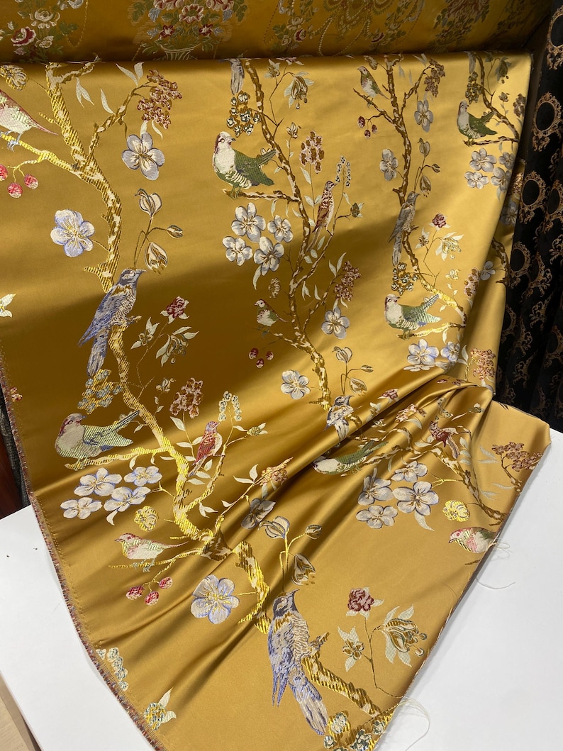 Gold Chinoiserie Jacquard Upholstery Fabric by the Yard, Heavyweight Satin Oriental Bird Curtain Material image 12