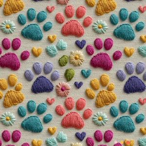 May include: A repeating pattern of embroidered paw prints, hearts, and flowers in various colors. The paw prints are in shades of orange, yellow, purple, and pink. The hearts are yellow and purple, and the flowers are white, pink, and yellow.