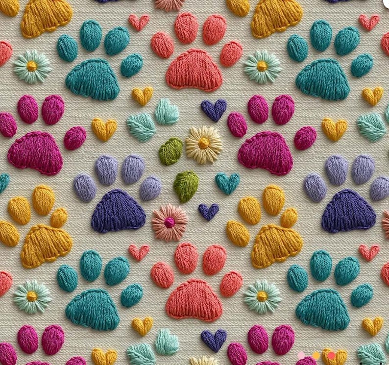 May include: A repeating pattern of embroidered paw prints, hearts, and flowers in various colors. The paw prints are in shades of orange, yellow, purple, and pink. The hearts are yellow and purple, and the flowers are white, pink, and yellow.