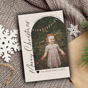 5x7 Christmas Holiday Card Template - Simple & beige with string lights - Digital Download Canva