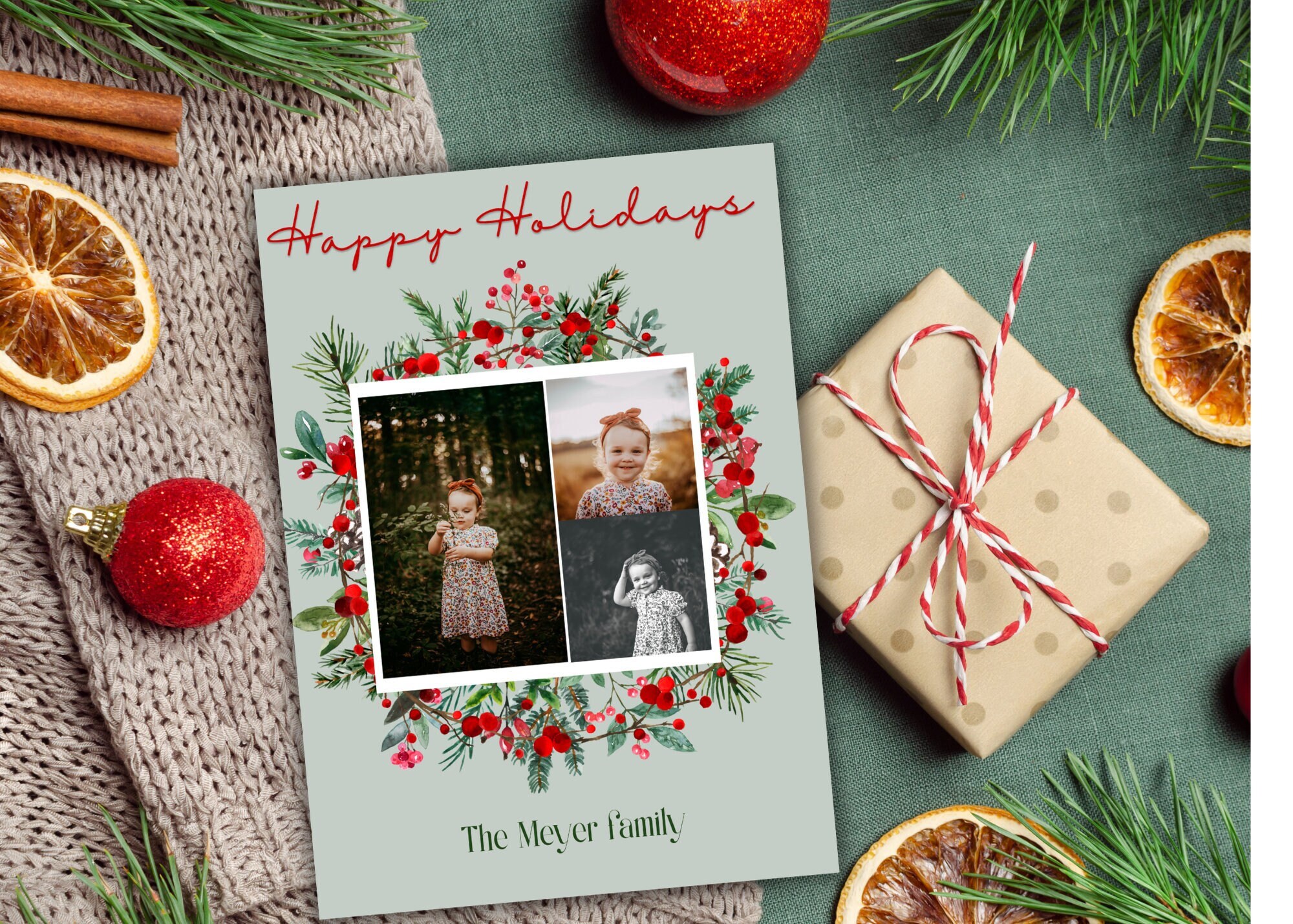 5x7 Christmas Holiday Card Template Simple, Green, & Floral Digital