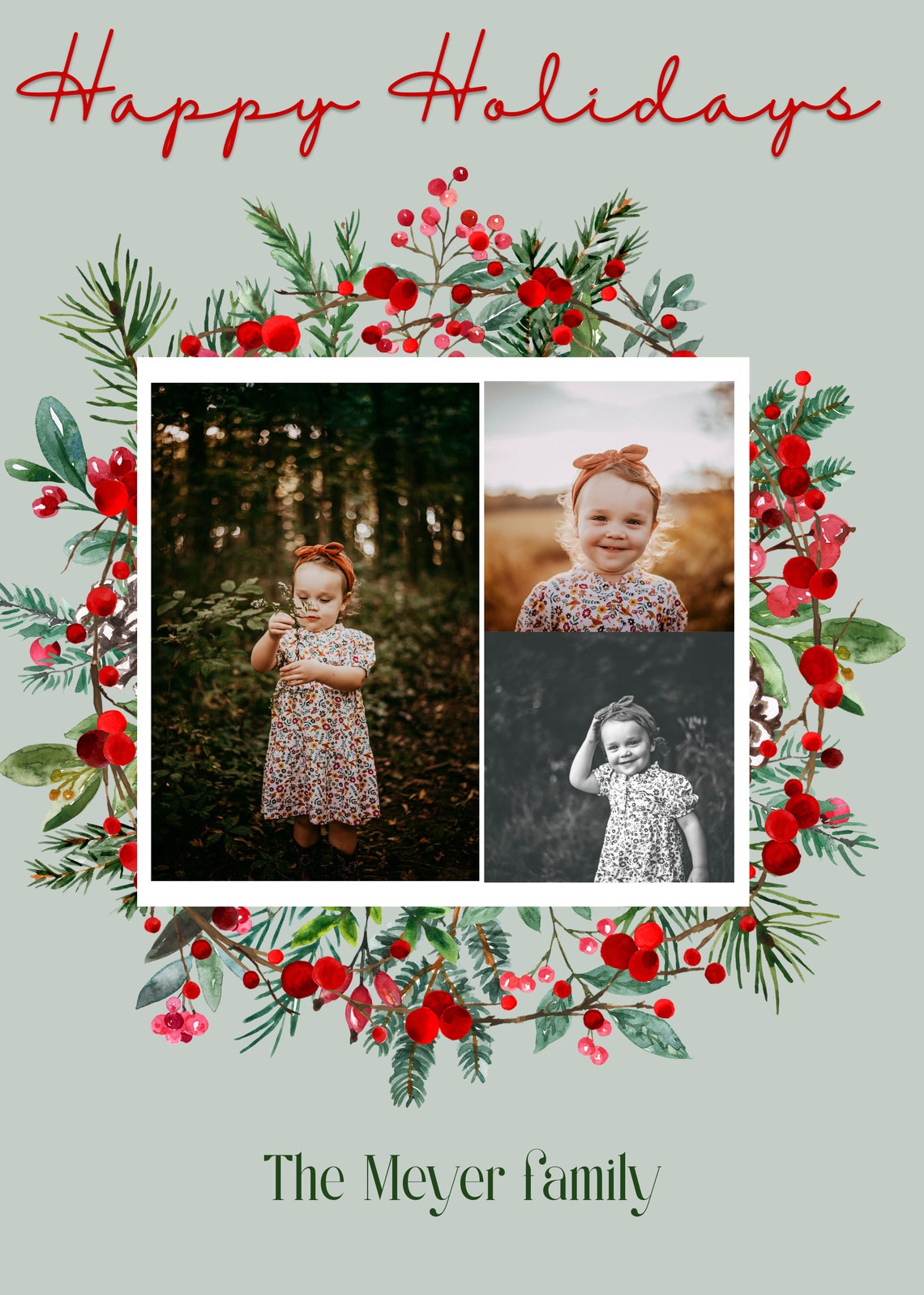 5x7 Christmas Holiday Card Template Simple, Green, & Floral Digital