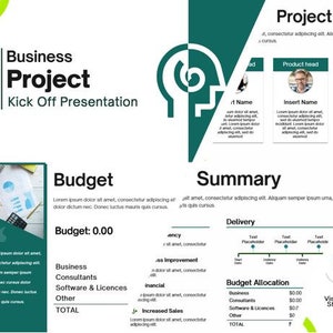 Könnte beinhalten: Eine grüne und weiße Präsentationsfolie mit dem Titel "Business Project Kick Off Presentation". Die Folie enthält Abschnitte für das Projektteam, den Projektumfang, das Budget, die Zusammenfassung und den Fahrplan. Die Folie enthält auch eine Budgetzuordnungsübersicht und einen Fahrplan mit Meilensteinen.