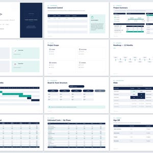 May include: A digital project management template featuring twelve distinct slides with a dark blue and white color scheme. The slides include sections for project summary, document control, business benefits, scope, roadmap, deliverables, team structure, risks, and costs.