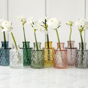 May include: Seven small, clear glass bud vases with a diamond pattern. The vases are filled with white flowers and are arranged in a row on a white surface. The vases are in various colours, including blue, green, yellow, and pink.