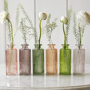 May include: Six glass bud vases with ribbed textures in pink, green, and orange. The vases are filled with white flowers and greenery.