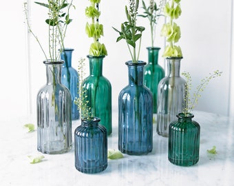 Lined Glass Bottle Vases - Blue Glass Bottle, Grey Glass Bottle and Green Glass Bottle