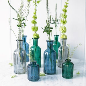 Lined Glass Bottle Vases - Blue Glass Bottle, Grey Glass Bottle and Green Glass Bottle