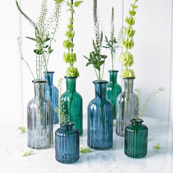 Lined Glass Bottle Vases - Blue Glass Bottle, Grey Glass Bottle and Green Glass Bottle