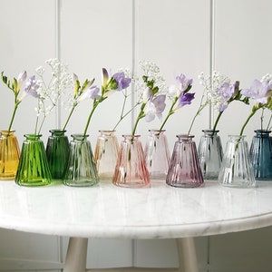 May include: Ten small, clear glass bud vases with fluted sides in various colors, including green, blue, pink, and yellow. The vases are arranged in a row on a white table and each vase holds a small bouquet of flowers.