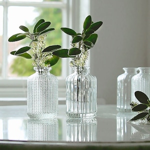 Set of 2 Little Patterned Glass Bottles - Clear glass bud vases