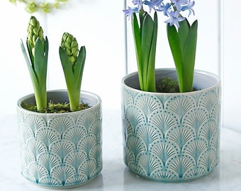 Blue Fan Patterned Plant Pot