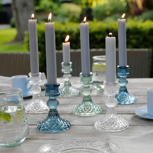 Cut Coloured Glass Candlestick - Blue Candlestick, Green Candlestick, Clear Candlestick