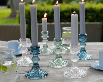 Cut Coloured Glass Candlestick - Blue Candlestick, Green Candlestick, Clear Candlestick