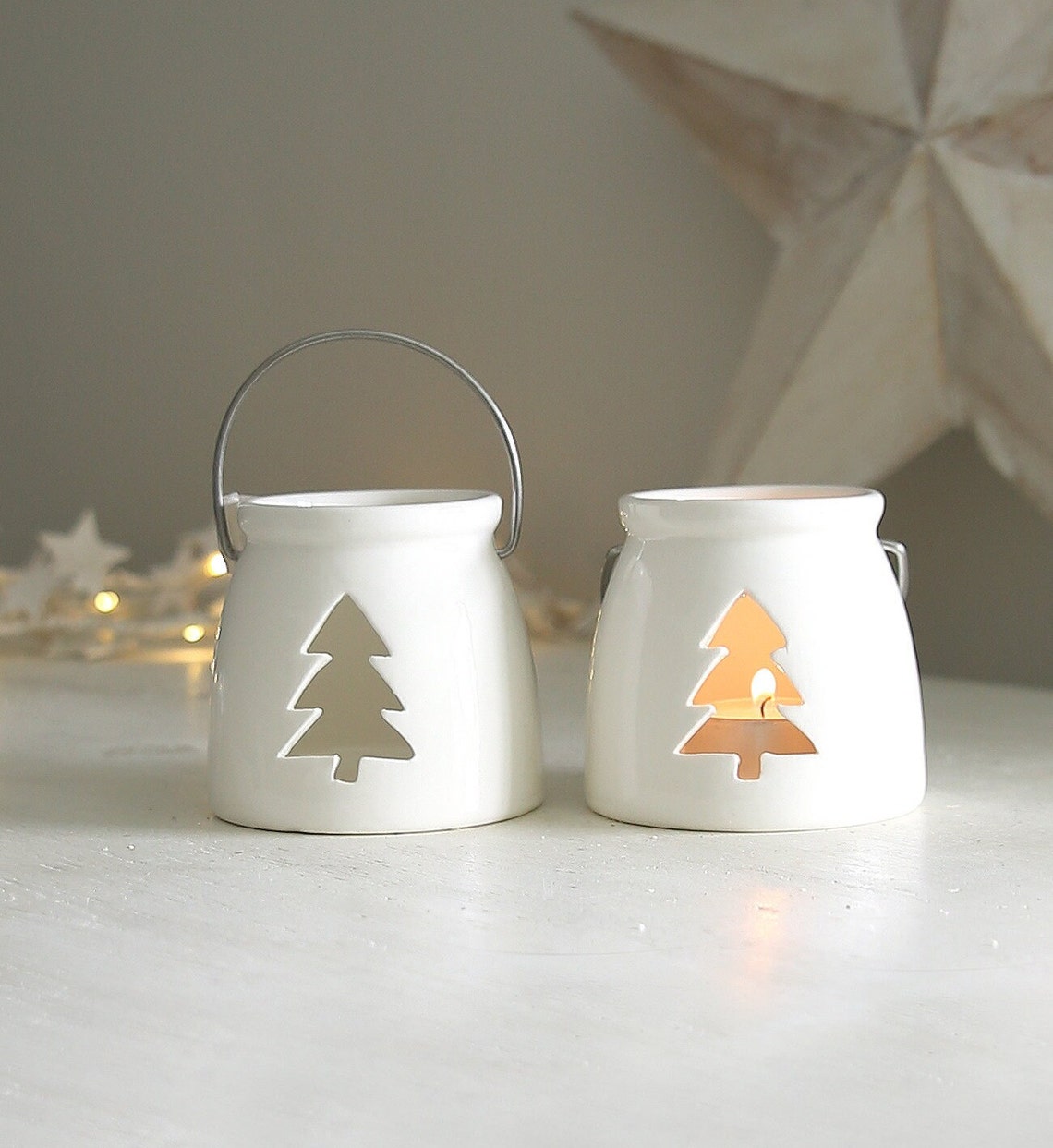 White Porcelain Christmas Tealight Set Etsy UK