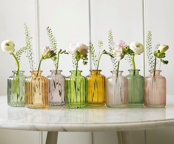 Little Lined Coloured Glass Bud Vase | Glass Bud Vase For Flowers | Wedding Table Flower Bottle | Dried Flowers Vase | Bud Vases