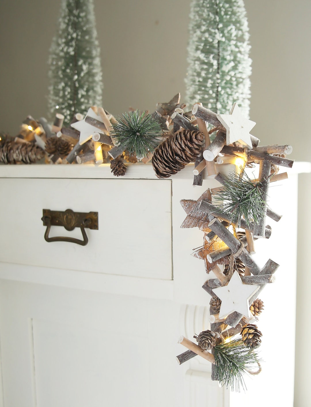 Long Whitewashed Stars And Spruce Light Garland Etsy