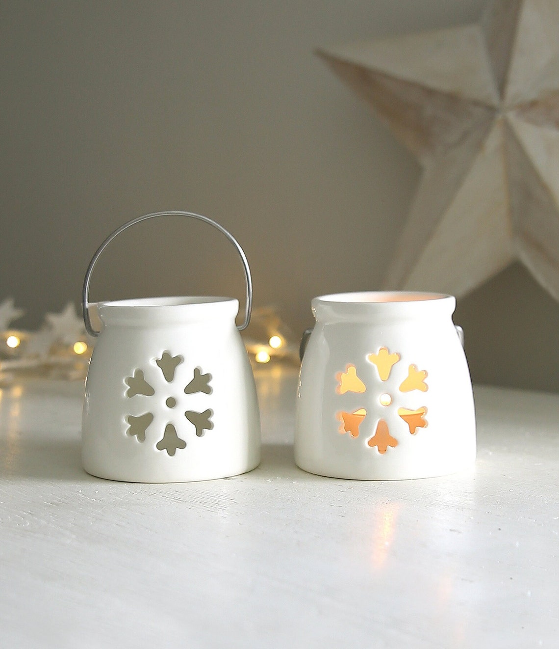 White Porcelain Christmas Tealight Set Etsy UK