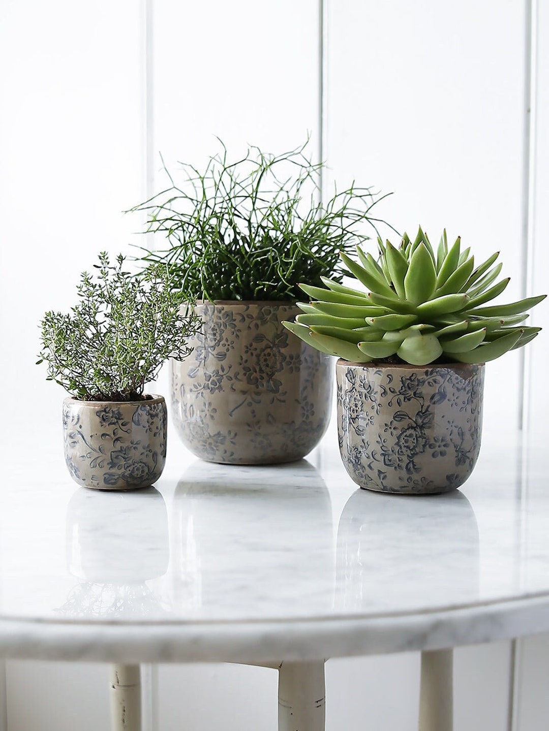 Grey and Blue Round Floral Pot - Etsy UK