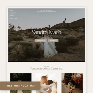 Puede incluir: Página de inicio del sitio web de Sandra Mash Timeless Wedding Photography. El sitio web presenta un paisaje desértico con una novia con un vestido blanco. El texto "Sandra Mash Timeless Wedding Photography" se muestra en una fuente minimalista. El sitio web también incluye un botón "Ver portafolio" y un botón "Reservar ahora".