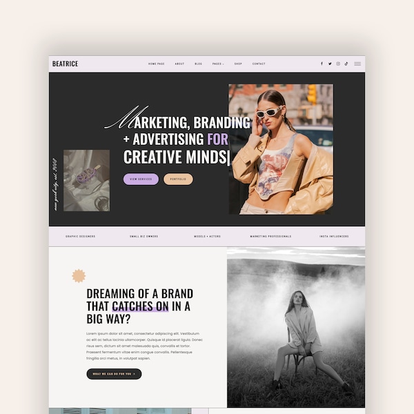 Feminine WordPress Theme Modern Bold Colorful for Marketing Branding Agency, Female Entrepreneurs, Portfolio, Ecommerce Responsive Website