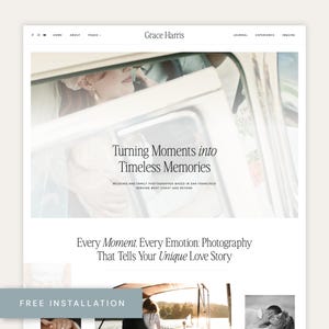 May include: A website homepage for a wedding and family photographer based in San Francisco. The text reads "Turning Moments into Timeless Memories" and "Every Moment. Every Emotion: Photography That Tells Your Unique Love Story".