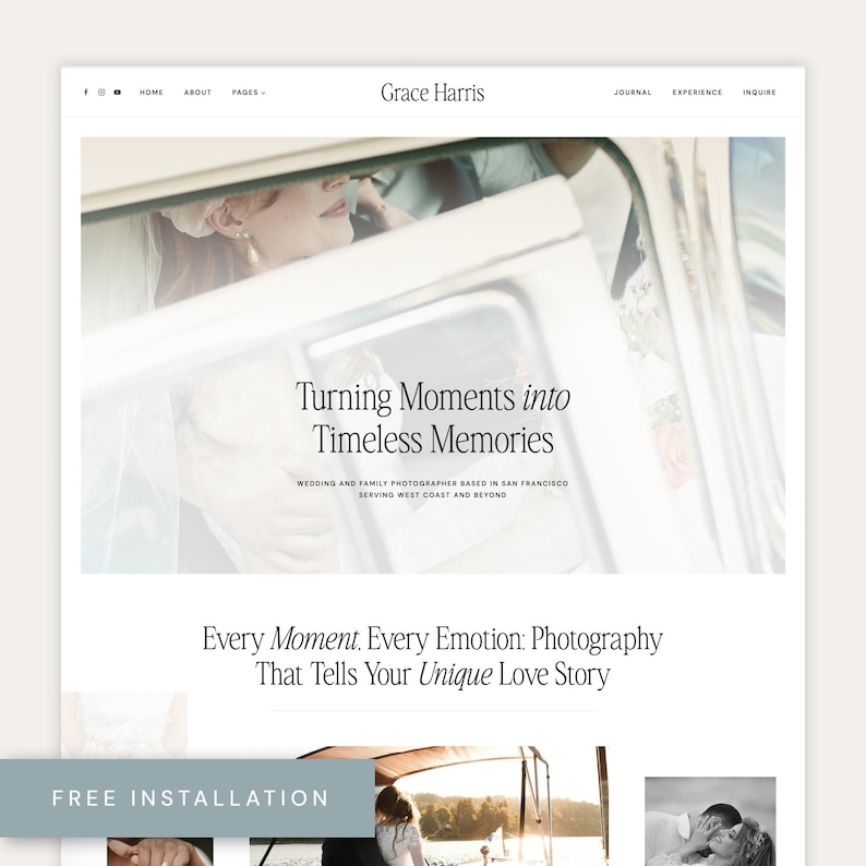 May include: A website homepage for a wedding and family photographer based in San Francisco. The text reads "Turning Moments into Timeless Memories" and "Every Moment. Every Emotion: Photography That Tells Your Unique Love Story".